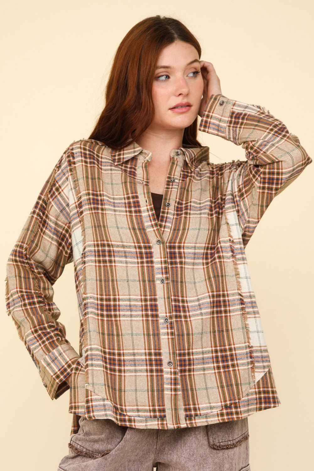 VERY J Contrast Plaid Raw Detail Shirt - Top - Taupe - Bella Bourget