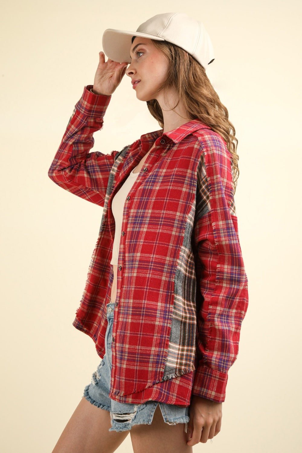 VERY J Contrast Plaid Raw Detail Shirt - Top - Red - Bella Bourget