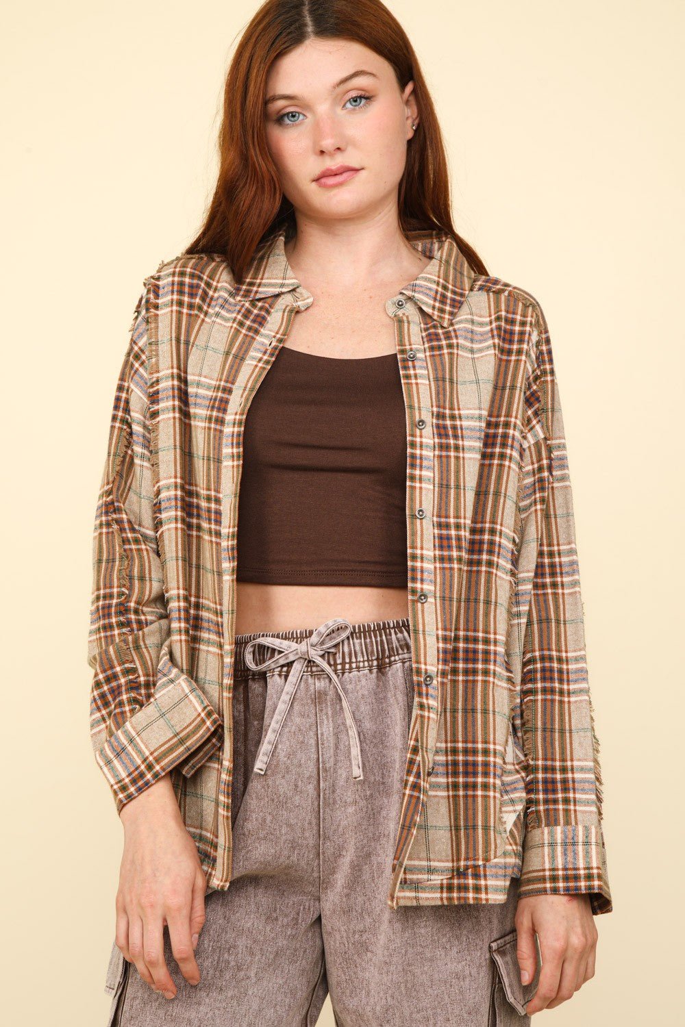 VERY J Contrast Plaid Raw Detail Shirt - Top - Taupe - Bella Bourget