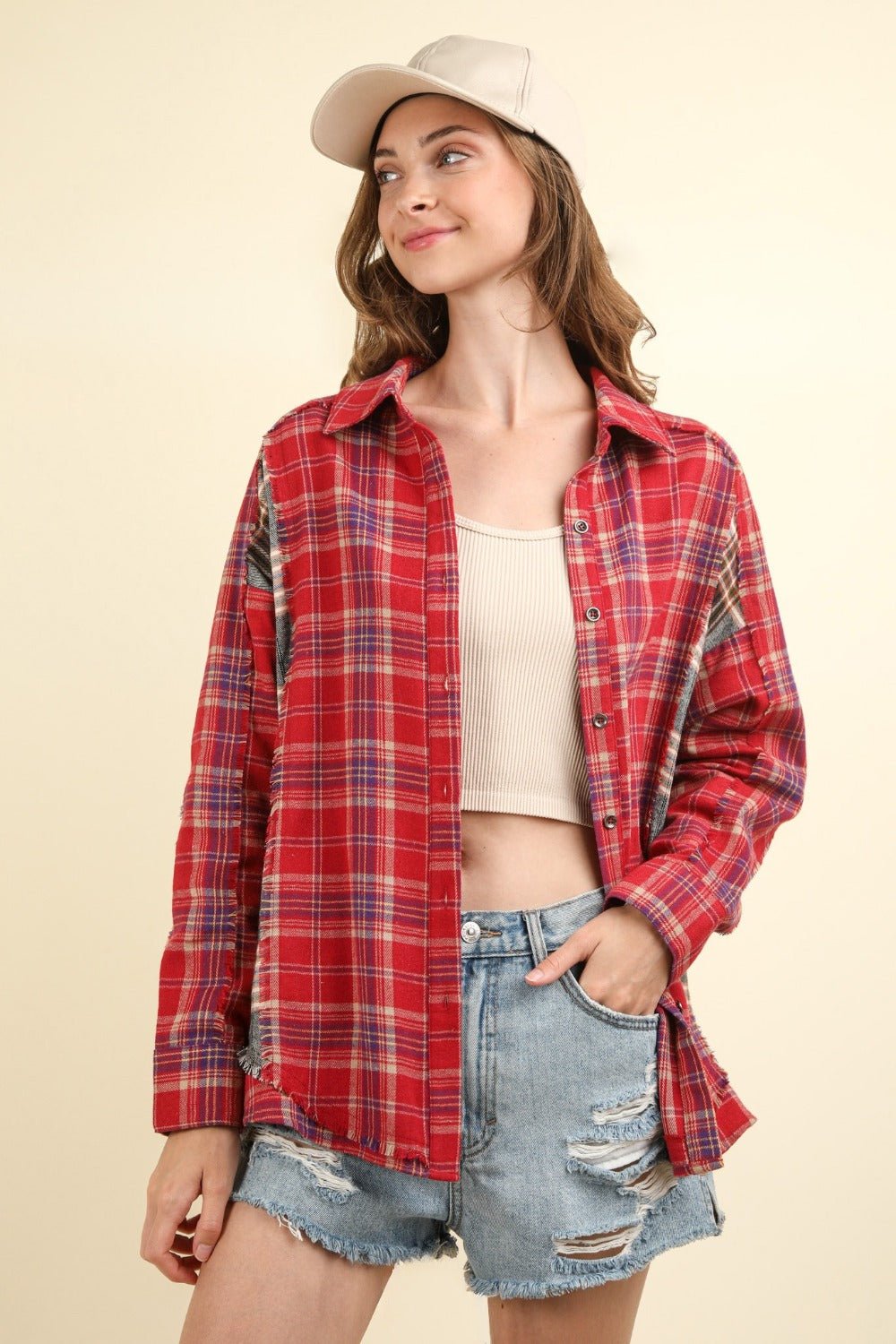 VERY J Contrast Plaid Raw Detail Shirt - Top - Red - Bella Bourget