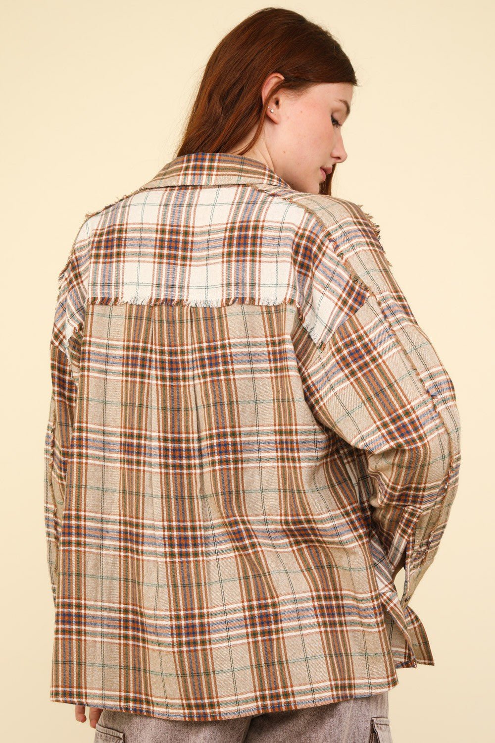 VERY J Contrast Plaid Raw Detail Shirt - Top - Taupe - Bella Bourget