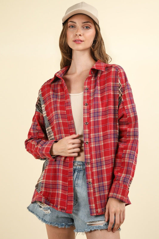 VERY J Contrast Plaid Raw Detail Shirt - Top - Red - Bella Bourget