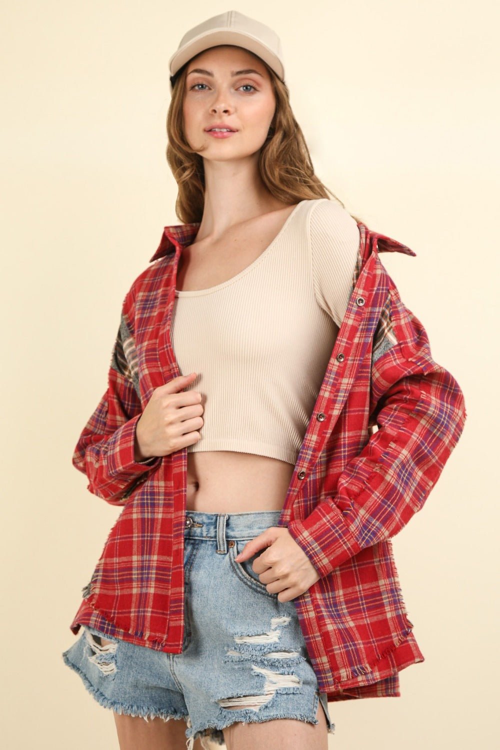 VERY J Contrast Plaid Raw Detail Shirt - Top - Red - Bella Bourget