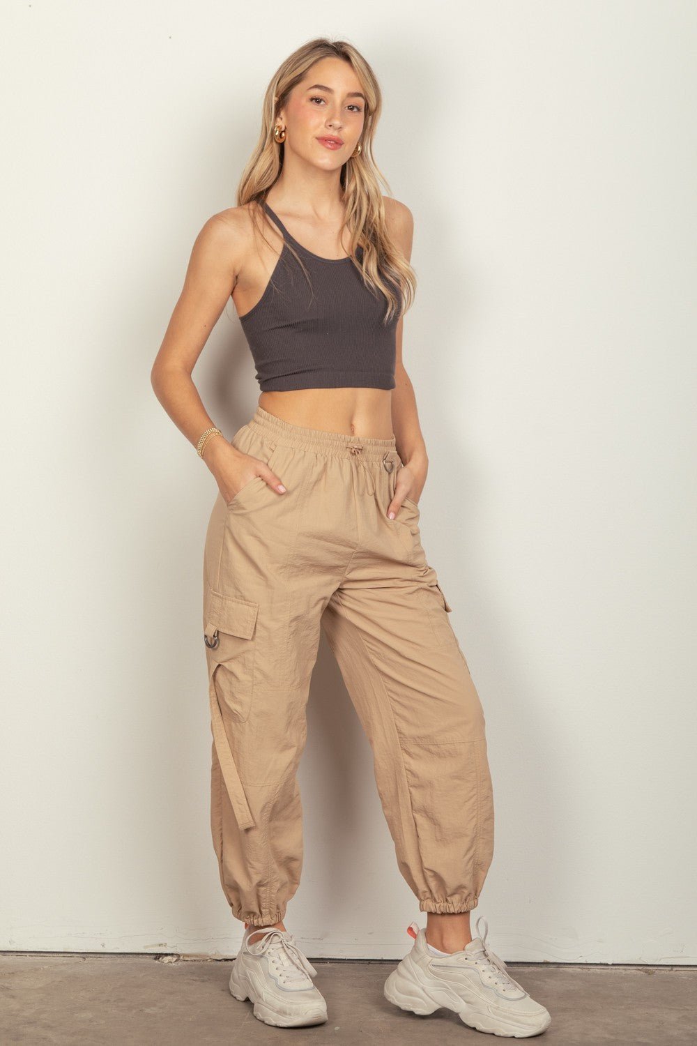 VERY J Elastic Waist Woven Cargo Pants - Pants - Taupe - Bella Bourget