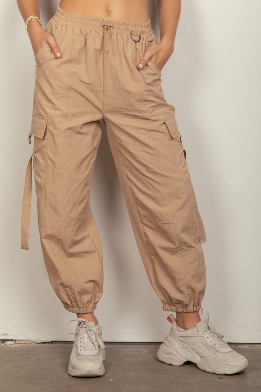 VERY J Elastic Waist Woven Cargo Pants - Pants - Taupe - Bella Bourget