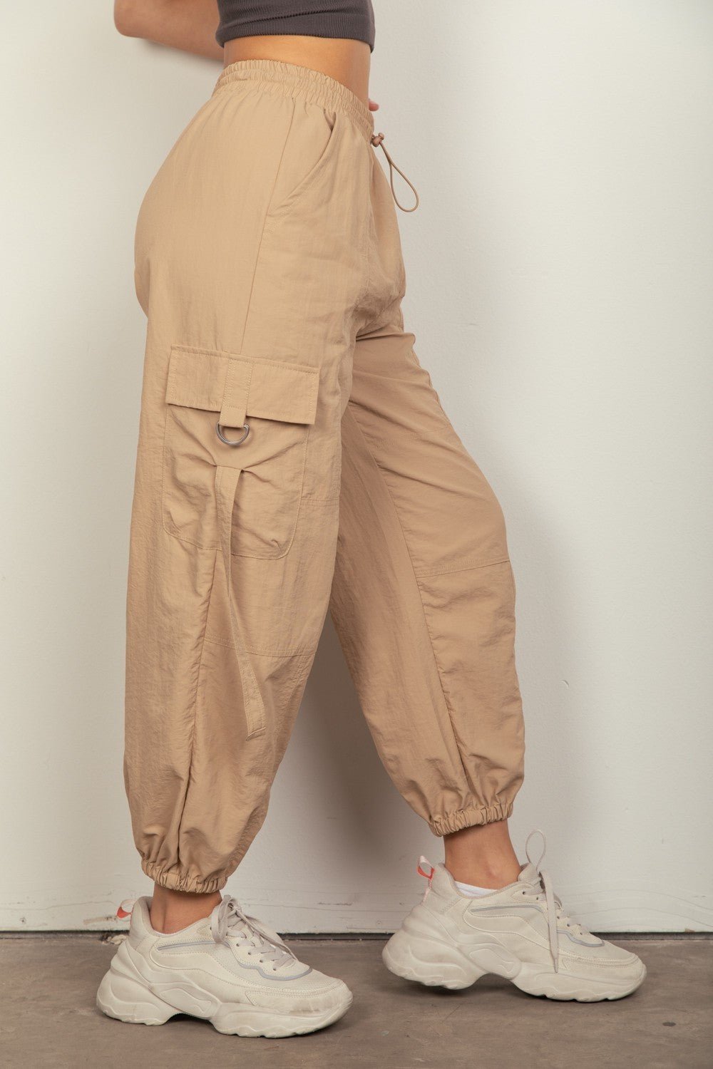 VERY J Elastic Waist Woven Cargo Pants - Pants - Taupe - Bella Bourget