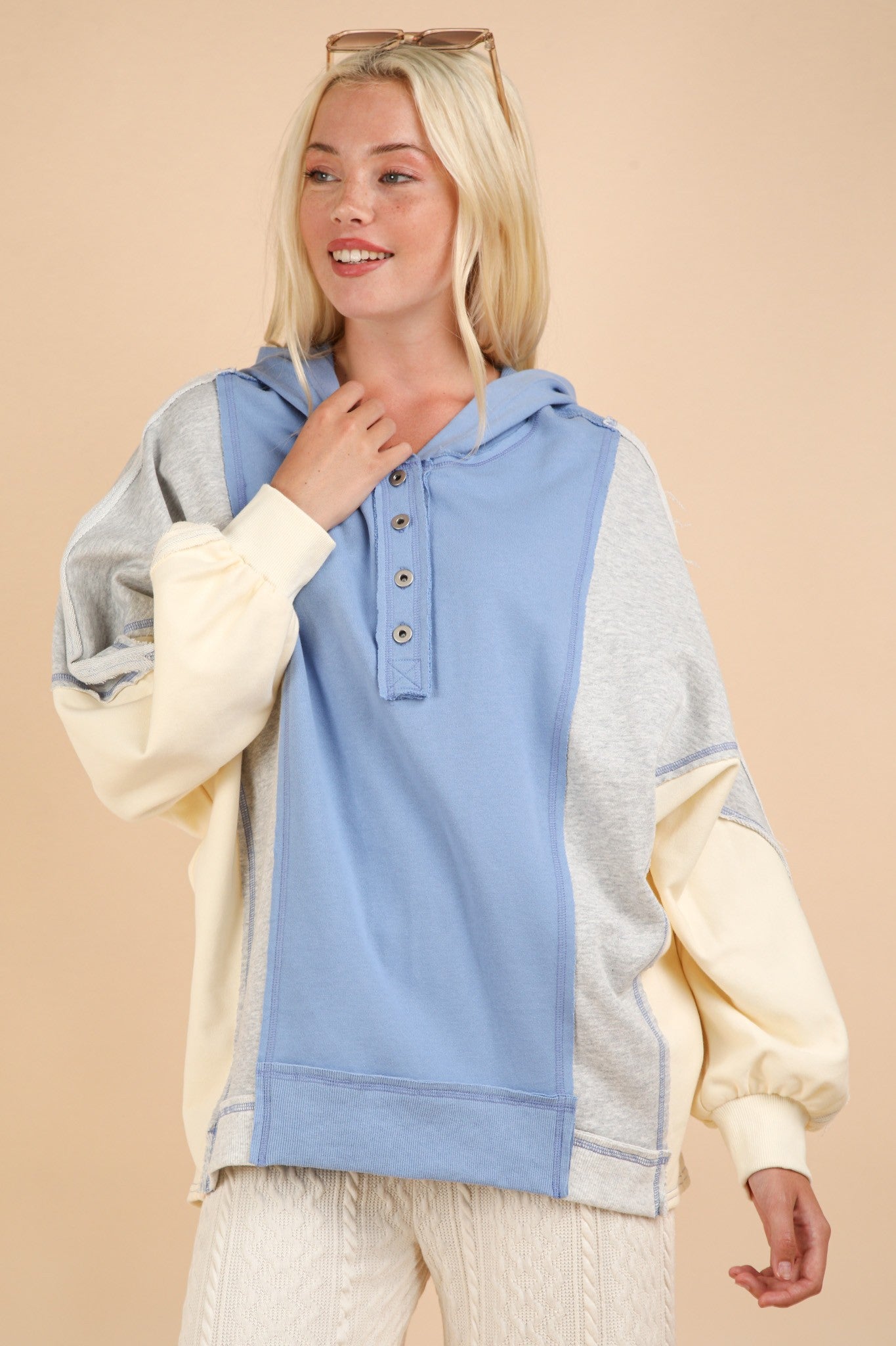 VERY J Exposed Seam Color Block Half Button Hoodie - Hoodies - Blue - Bella Bourget