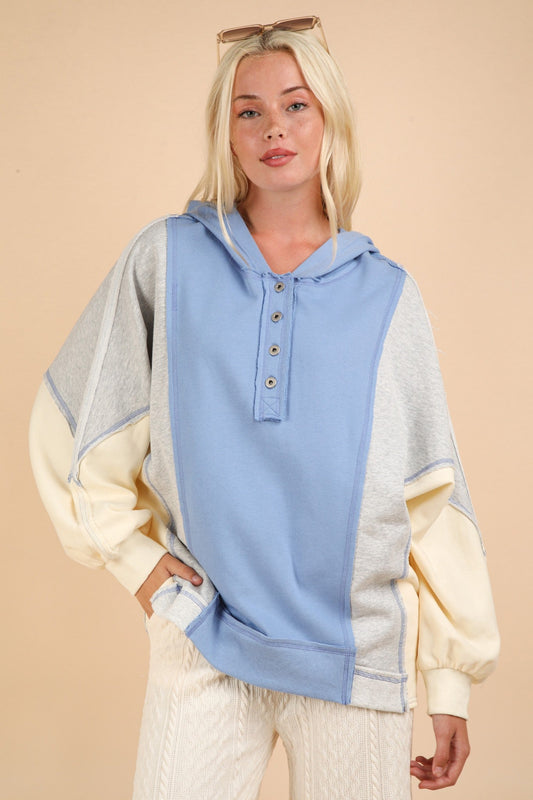 VERY J Exposed Seam Color Block Half Button Hoodie - Hoodies - Blue - Bella Bourget