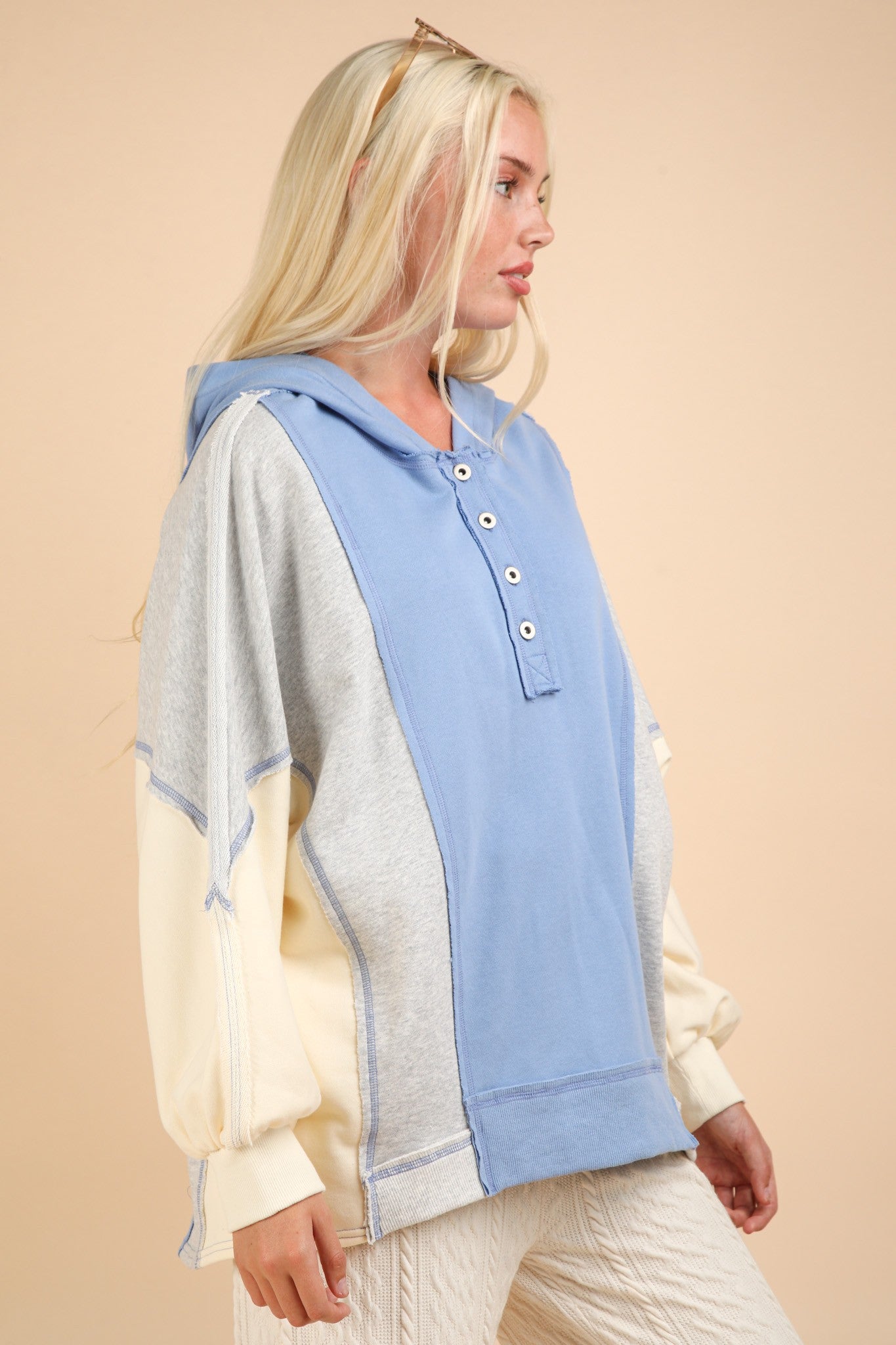 VERY J Exposed Seam Color Block Half Button Hoodie - Hoodies - Blue - Bella Bourget