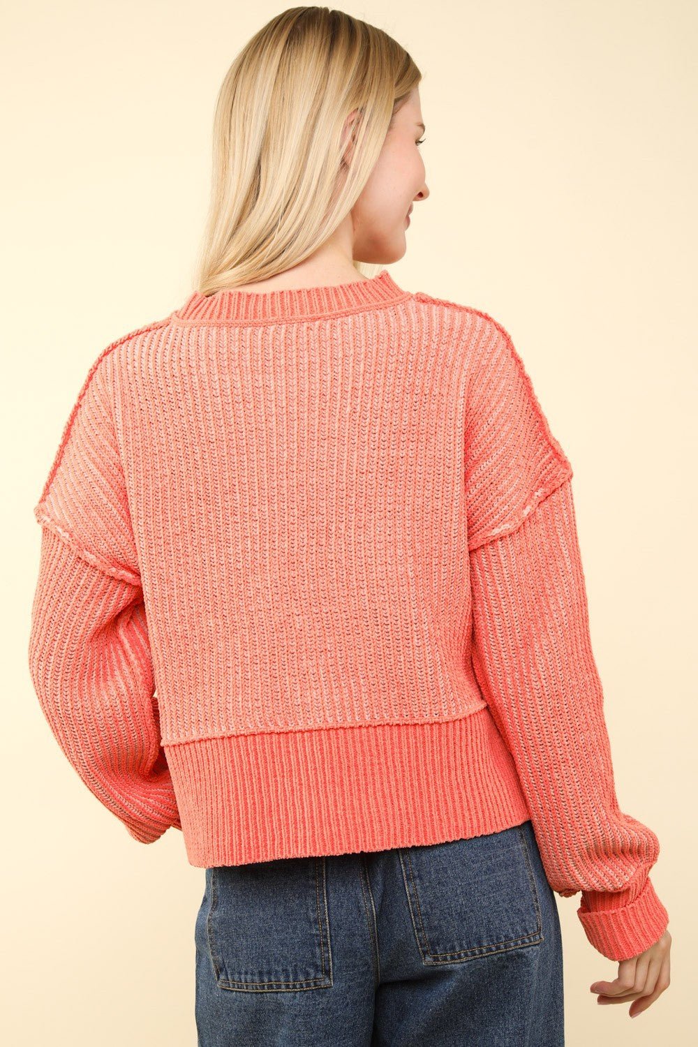 VERY J Exposed Seam Cropped Striped Slit Sweater - Sweater - Coral - Bella Bourget