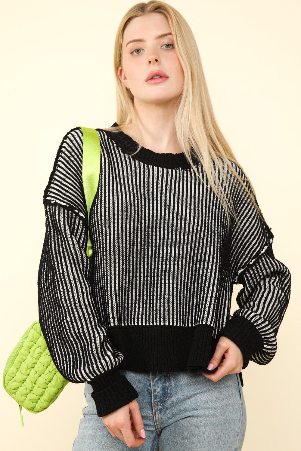 VERY J Exposed Seam Cropped Striped Slit Sweater - Sweater - Black - Bella Bourget