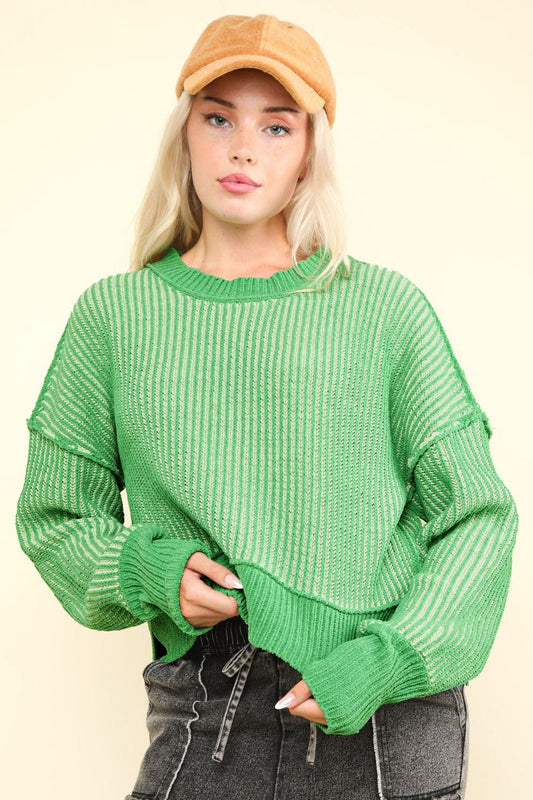 VERY J Exposed Seam Cropped Striped Slit Sweater - Sweater - Green - Bella Bourget