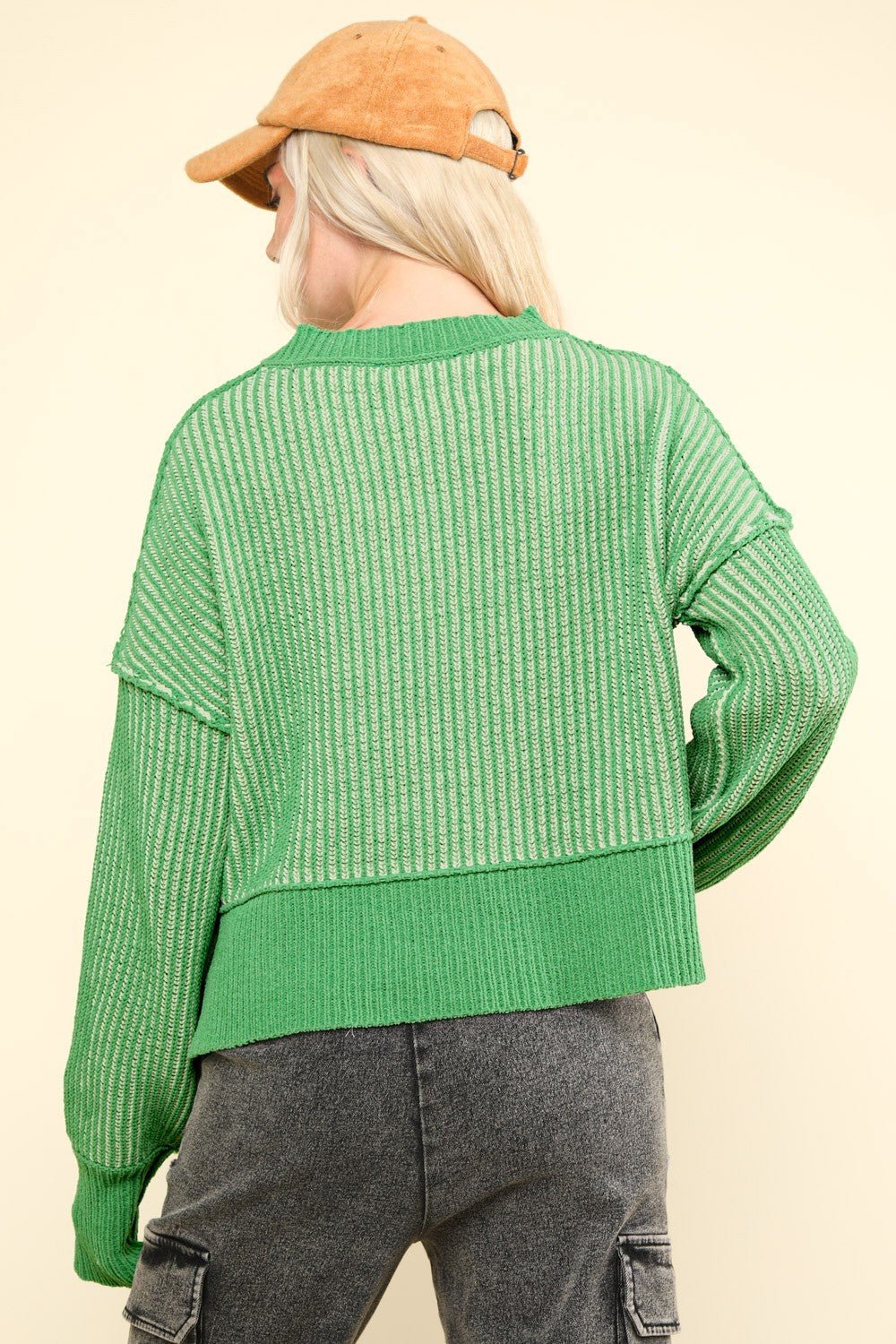 VERY J Exposed Seam Cropped Striped Slit Sweater - Sweater - Green - Bella Bourget