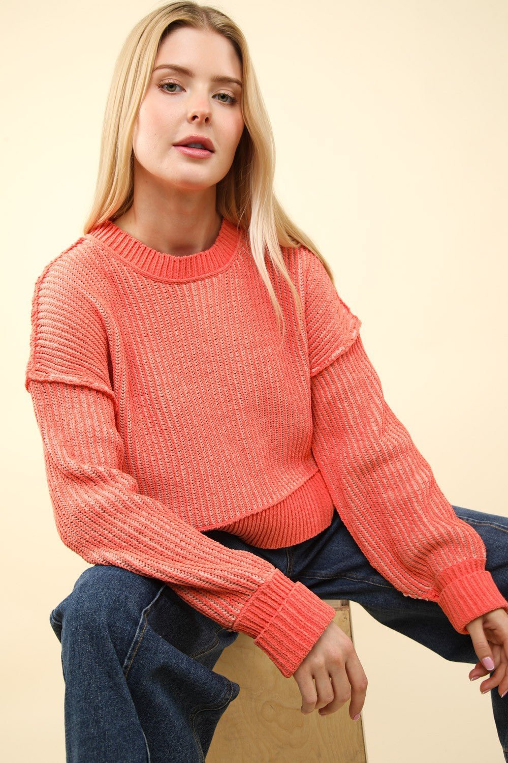 VERY J Exposed Seam Cropped Striped Slit Sweater - Sweater - Coral - Bella Bourget