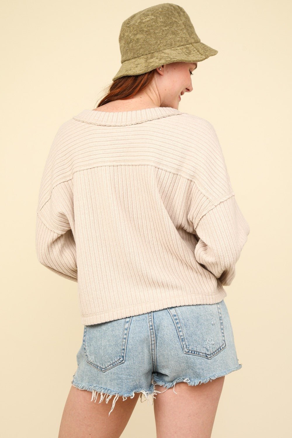 VERY J Exposed Seam V - Neck Ribbed Knit Top - Knit Top - Ecru - Bella Bourget