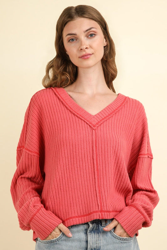 VERY J Exposed Seam V - Neck Ribbed Knit Top - Top - Coral - Bella Bourget