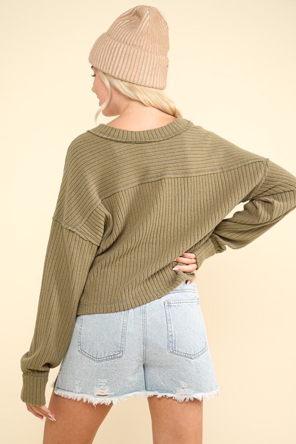 VERY J Exposed Seam V - Neck Ribbed Knit Top - Sweatshirt - Olive - Bella Bourget