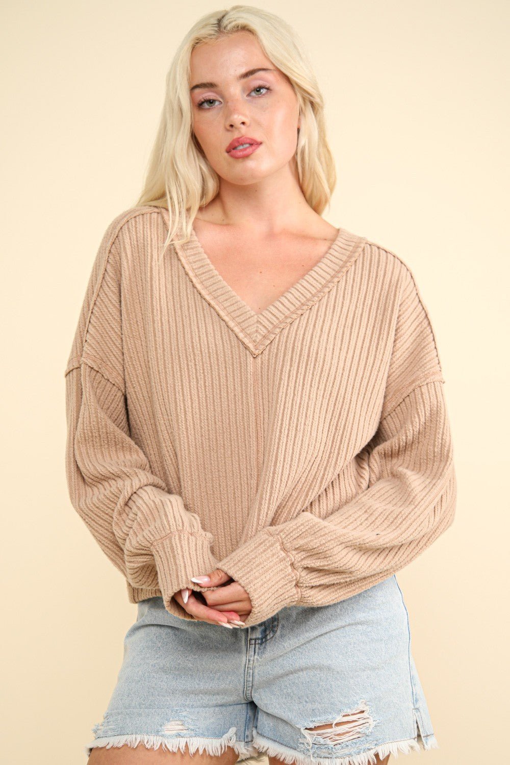 VERY J Exposed Seam V - Neck Ribbed Knit Top - Top - Mocha - Bella Bourget