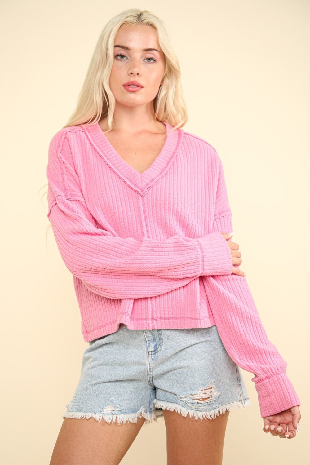 VERY J Exposed Seam V - Neck Ribbed Knit Top - Sweatshirt - Pink - Bella Bourget