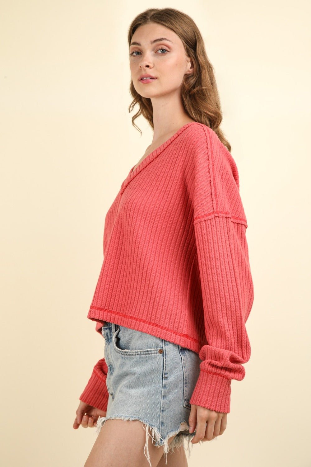 VERY J Exposed Seam V - Neck Ribbed Knit Top - Top - Coral - Bella Bourget