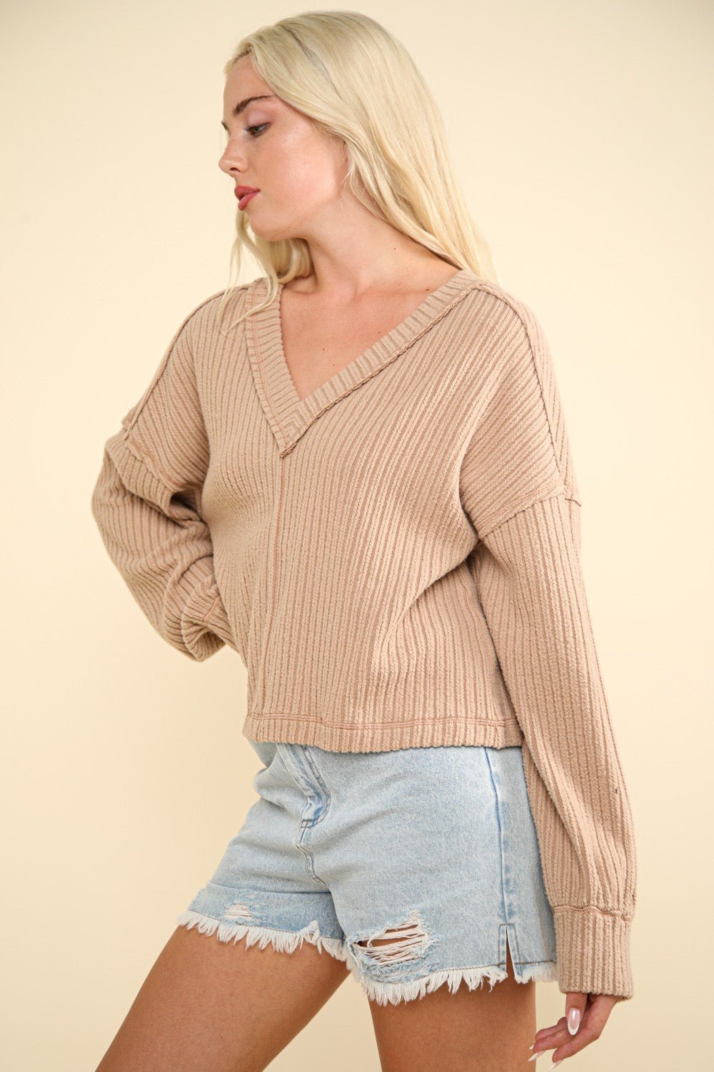 VERY J Exposed Seam V - Neck Ribbed Knit Top - Top - Mocha - Bella Bourget