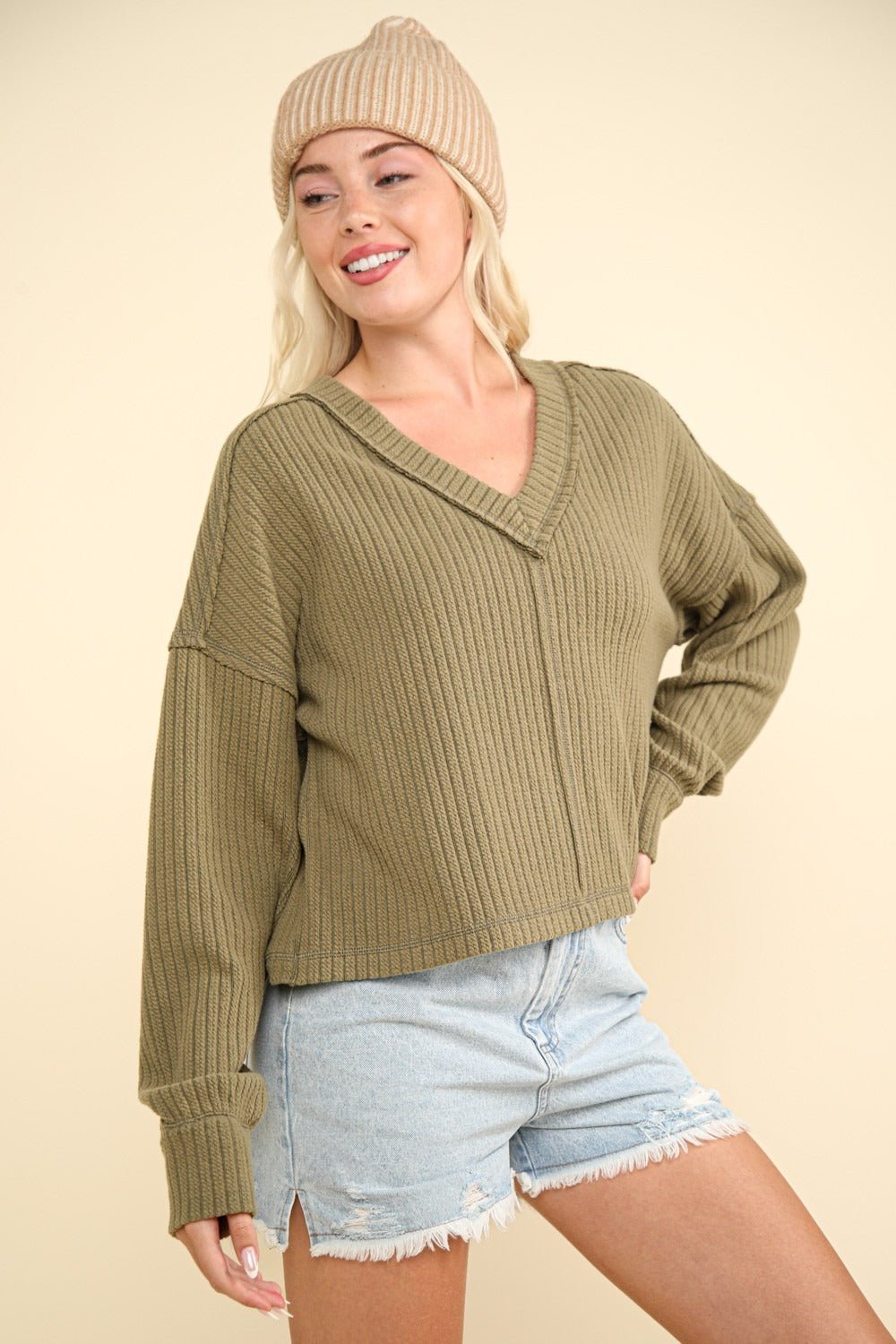 VERY J Exposed Seam V - Neck Ribbed Knit Top - Sweatshirt - Olive - Bella Bourget