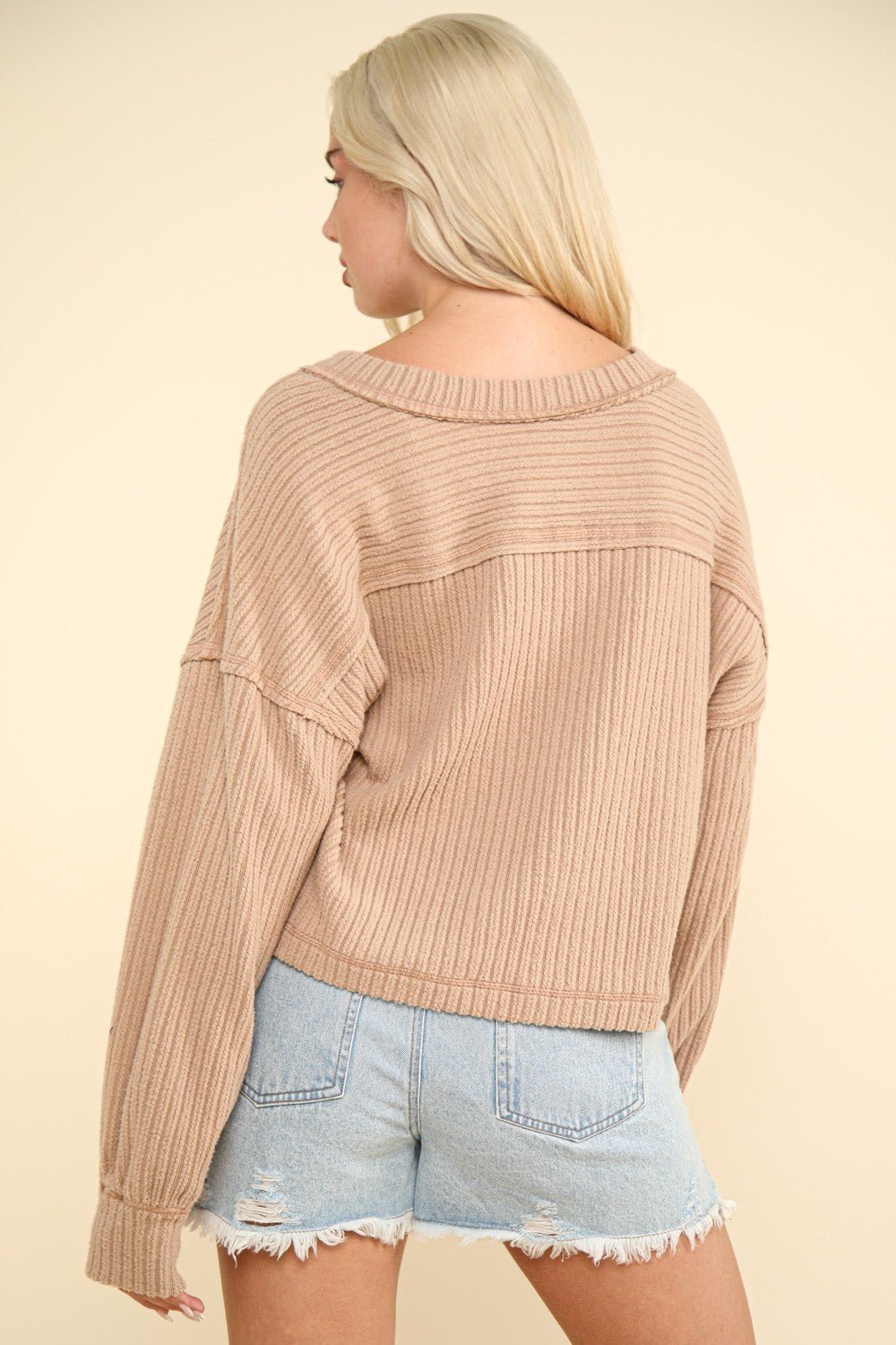 VERY J Exposed Seam V - Neck Ribbed Knit Top - Top - Mocha - Bella Bourget