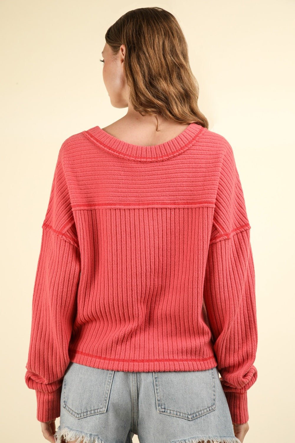 VERY J Exposed Seam V - Neck Ribbed Knit Top - Top - Coral - Bella Bourget