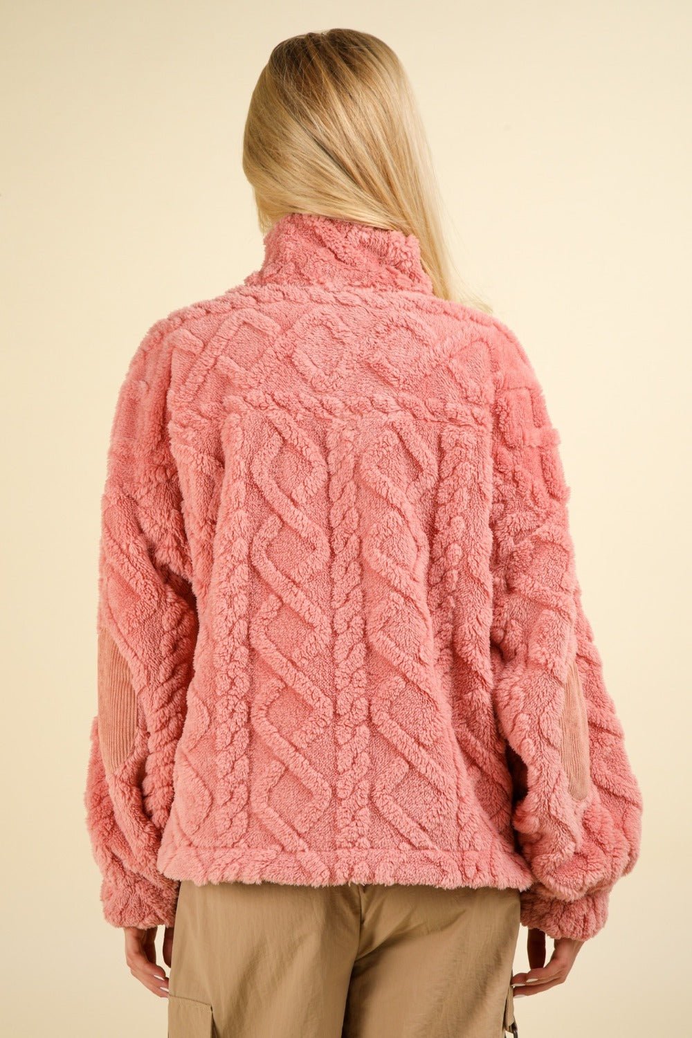 VERY J Fuzzy Fleece Half Zip Cable Pattern Sweatshirt - Sweater - Blush - Bella Bourget