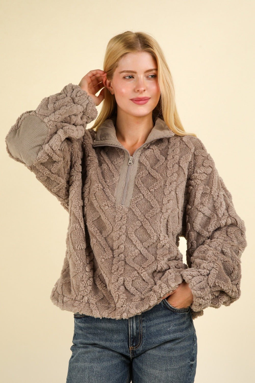 VERY J Fuzzy Fleece Half Zip Cable Pattern Sweatshirt - Sweater - Charcoal - Bella Bourget