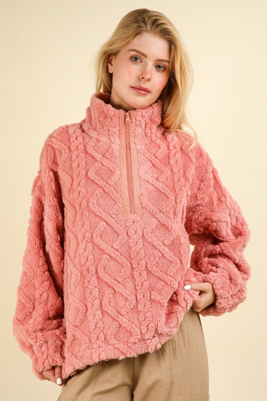 VERY J Fuzzy Fleece Half Zip Cable Pattern Sweatshirt - Sweater - Blush - Bella Bourget