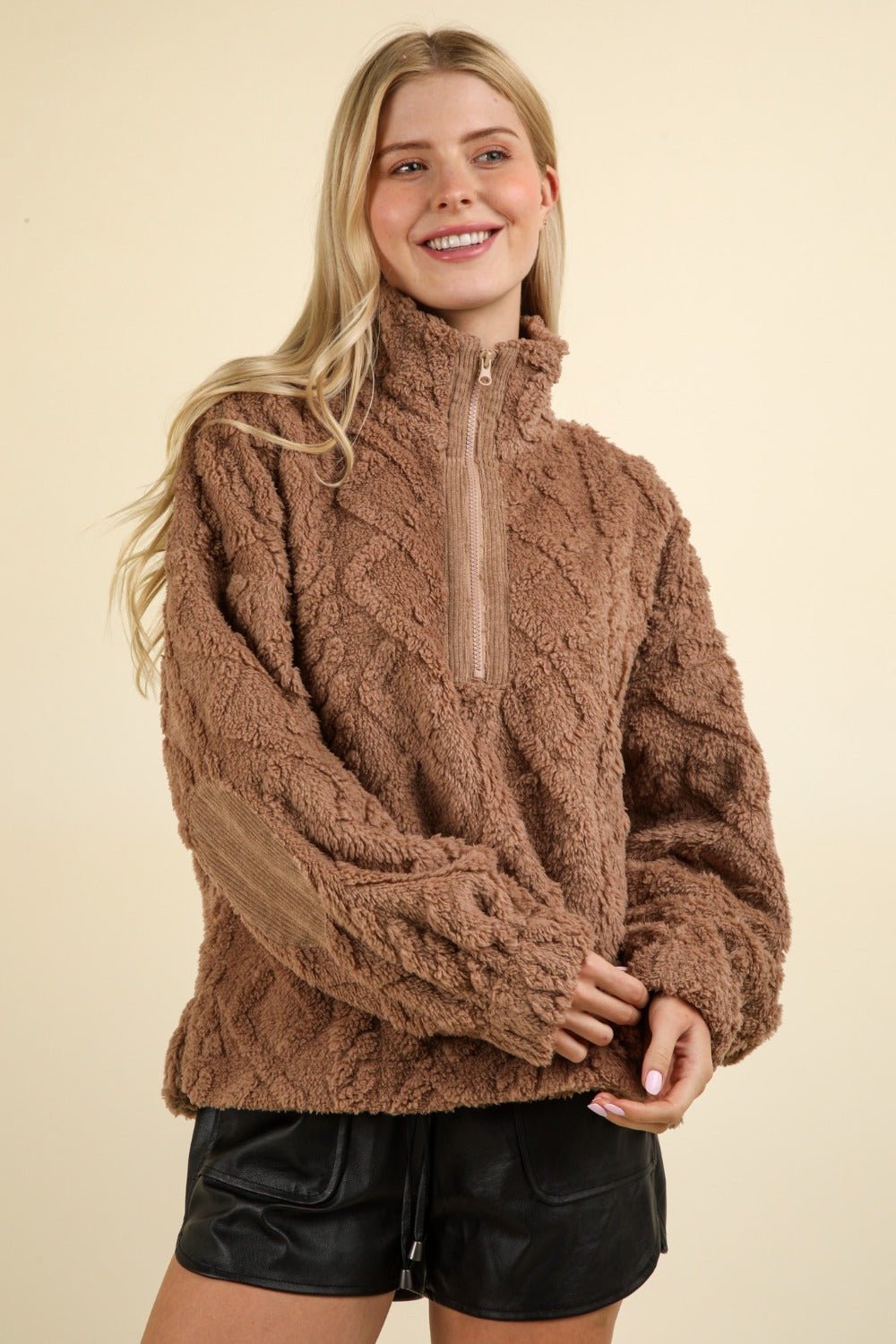 VERY J Fuzzy Fleece Half Zip Cable Pattern Sweatshirt - Sweater - Mocha - Bella Bourget