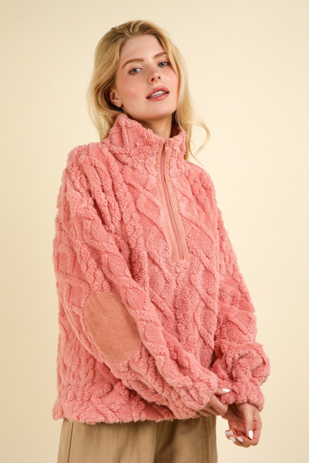 VERY J Fuzzy Fleece Half Zip Cable Pattern Sweatshirt - Sweater - Blush - Bella Bourget