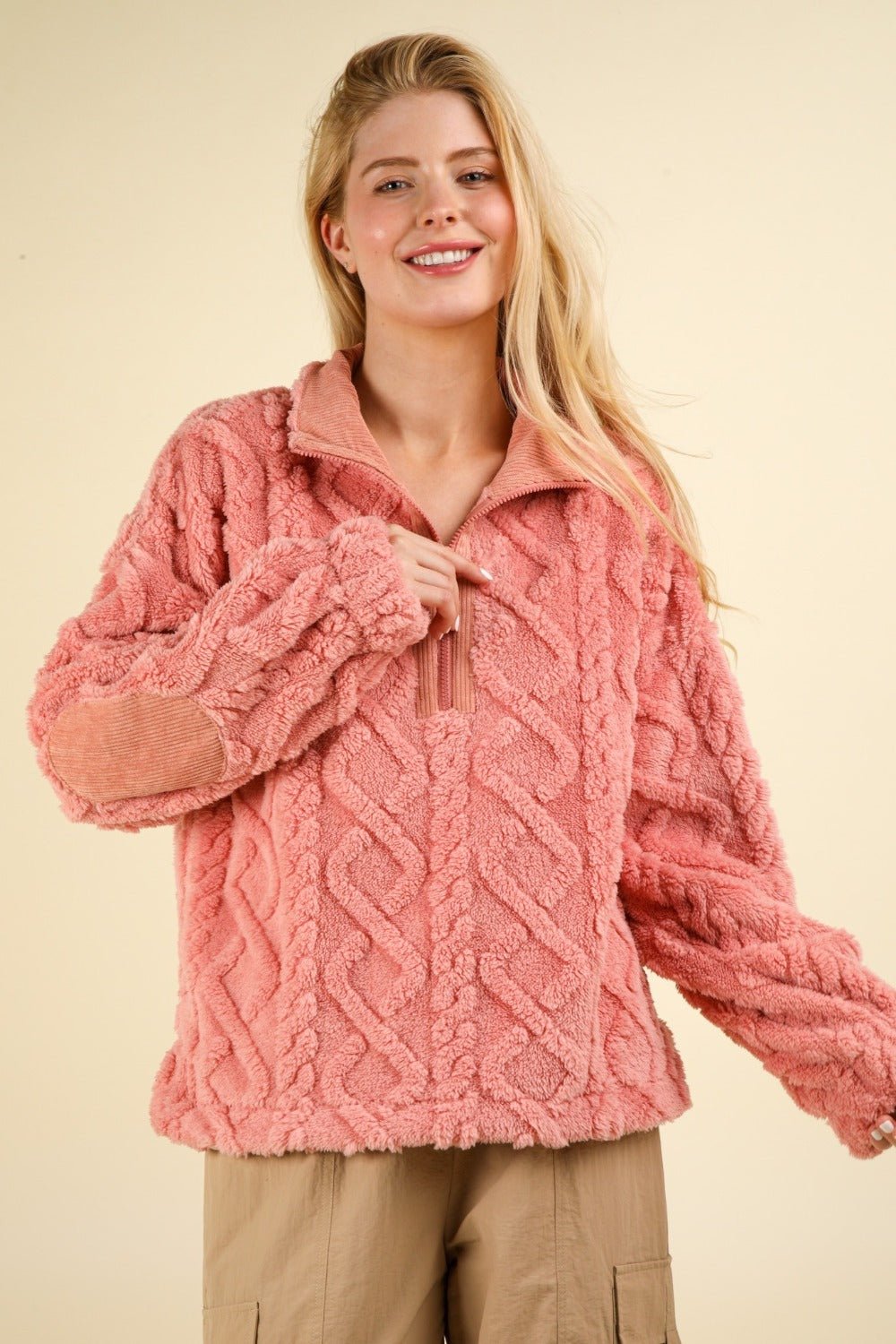 VERY J Fuzzy Fleece Half Zip Cable Pattern Sweatshirt - Sweater - Blush - Bella Bourget