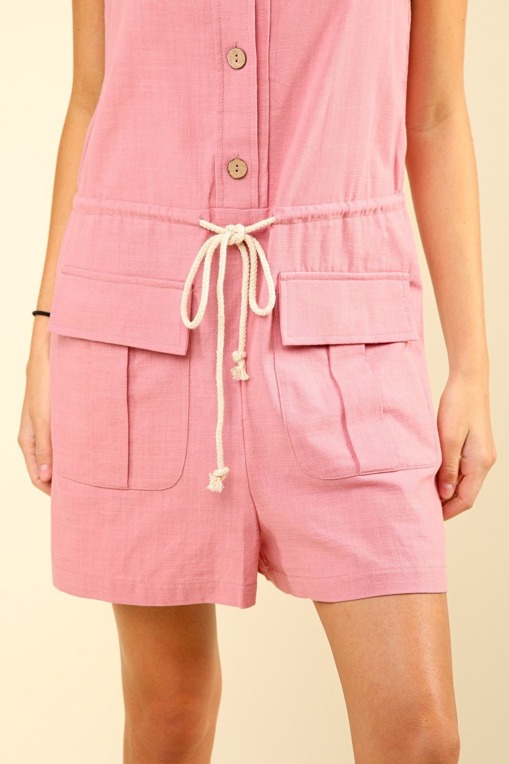 VERY J Half Button Drawstring Sleeveless Romper - Romper - Blush - Bella Bourget