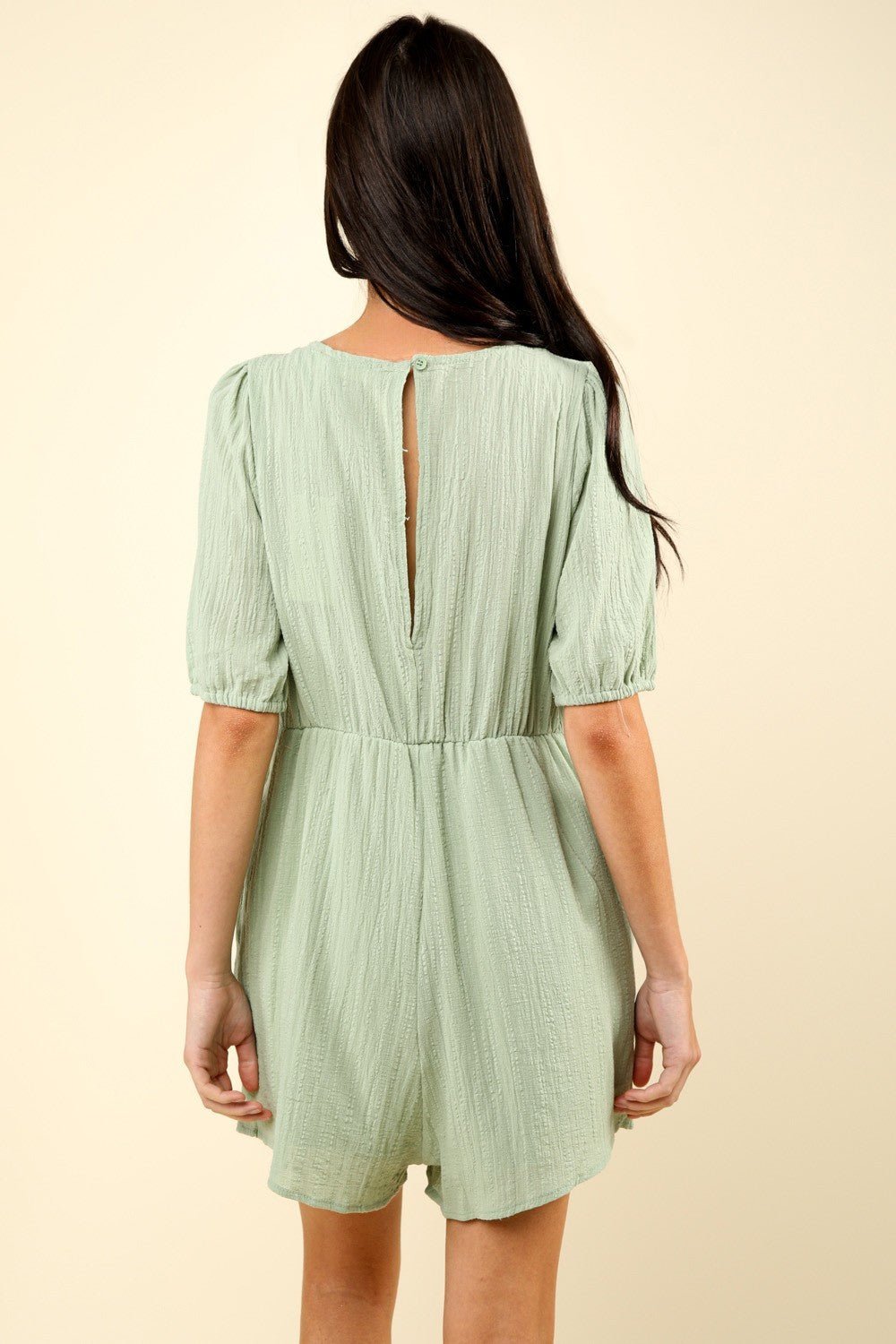 VERY J Lace Detail Puff Sleeve Romper with Pockets - Romper - Sage - Bella Bourget