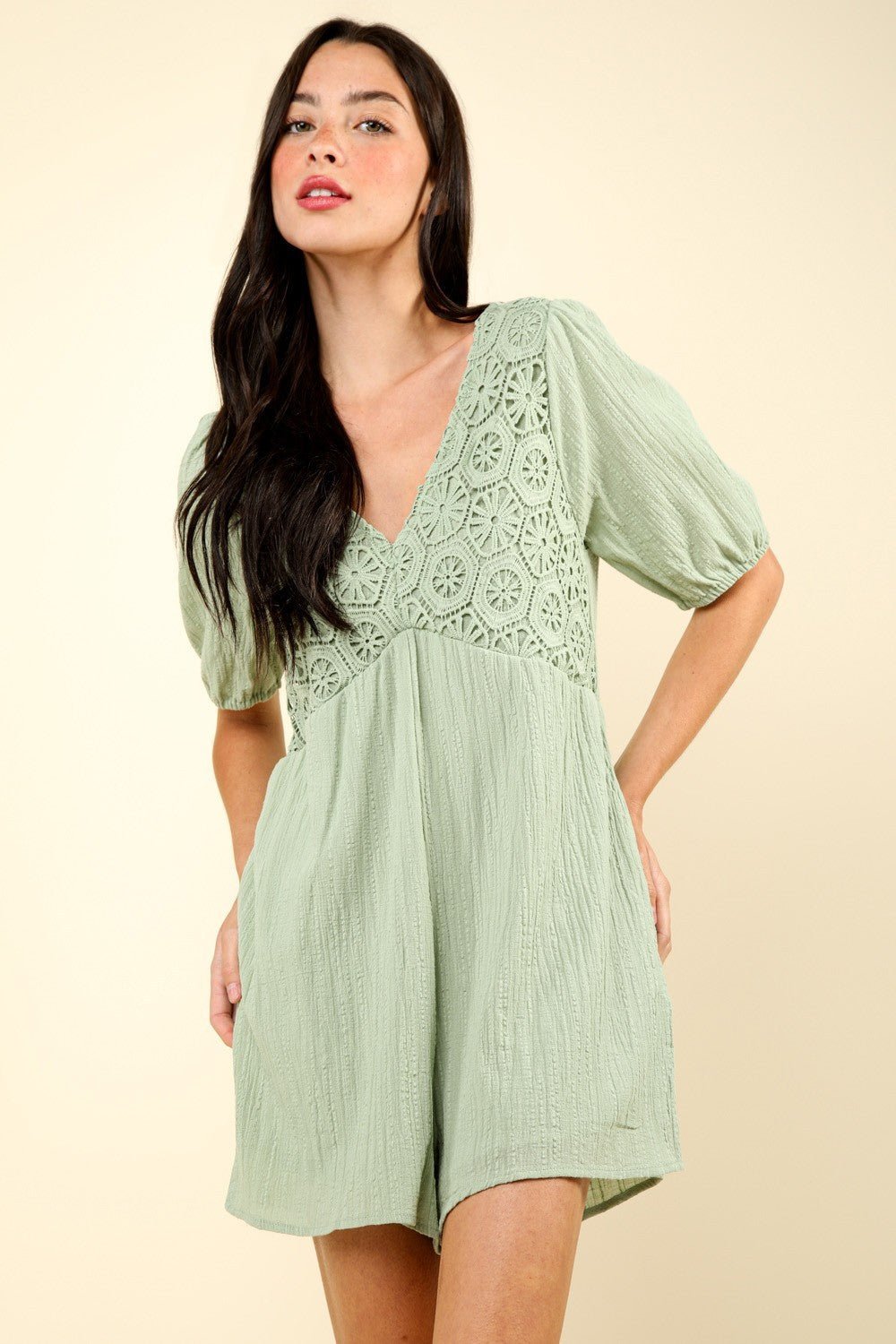 VERY J Lace Detail Puff Sleeve Romper with Pockets - Romper - Sage - Bella Bourget