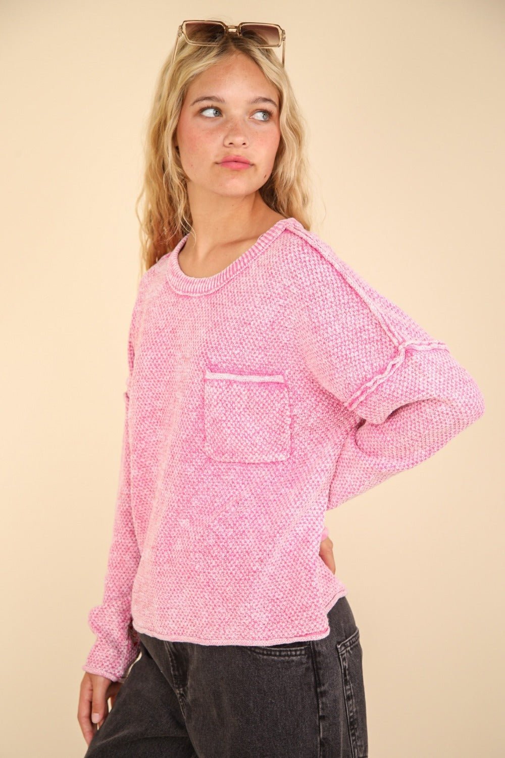 VERY J Mineral Washed Exposed Seam Sweater - Sweatshirt - Pink - Bella Bourget