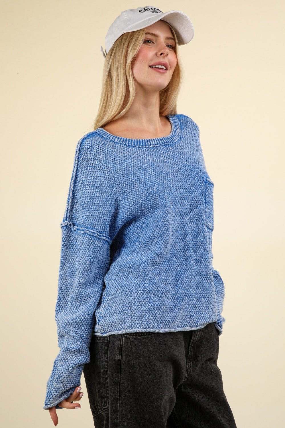 VERY J Mineral Washed Exposed Seam Sweater - Sweatshirt - Blue - Bella Bourget