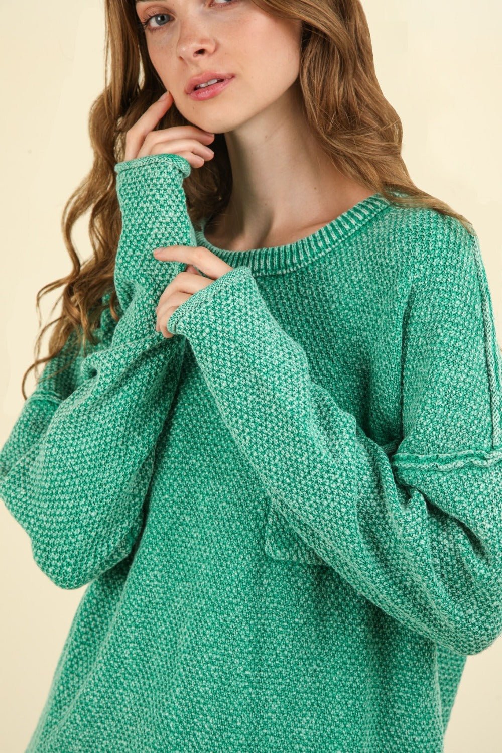 VERY J Mineral Washed Exposed Seam Sweater - Sweater - Kelly Green - Bella Bourget