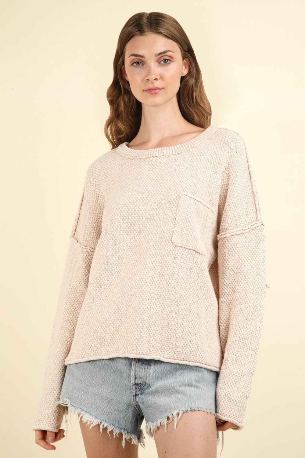 VERY J Mineral Washed Exposed Seam Sweater - Sweater - Beige - Bella Bourget