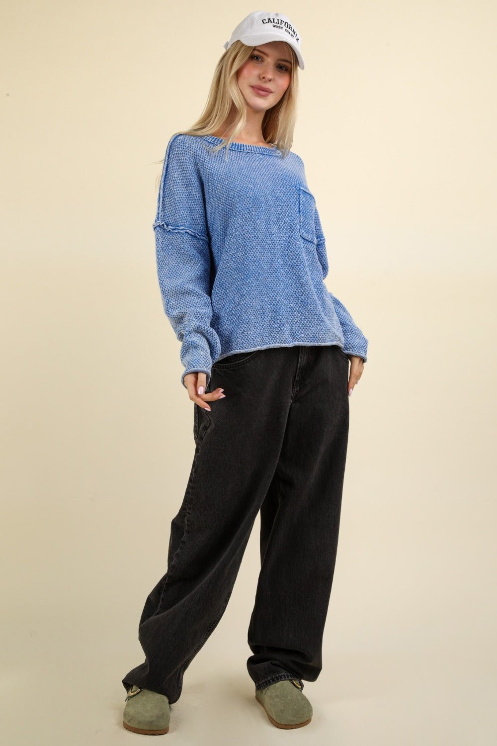 VERY J Mineral Washed Exposed Seam Sweater - Sweatshirt - Blue - Bella Bourget