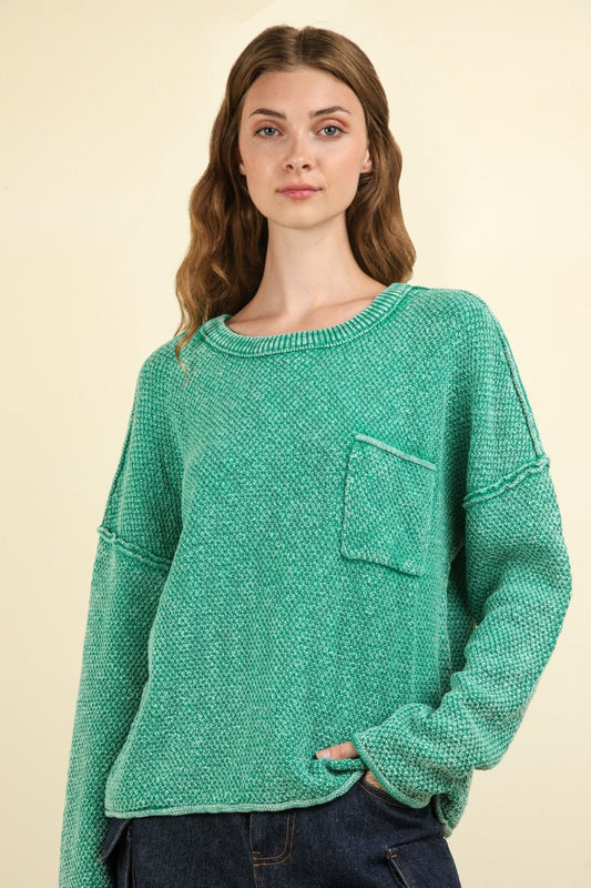 VERY J Mineral Washed Exposed Seam Sweater - Sweater - Kelly Green - Bella Bourget