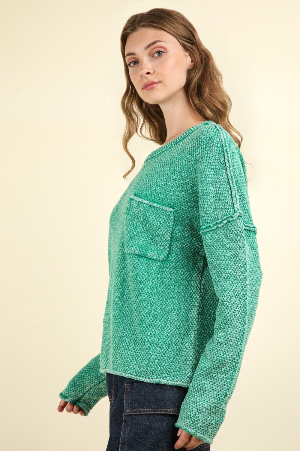 VERY J Mineral Washed Exposed Seam Sweater - Sweater - Kelly Green - Bella Bourget