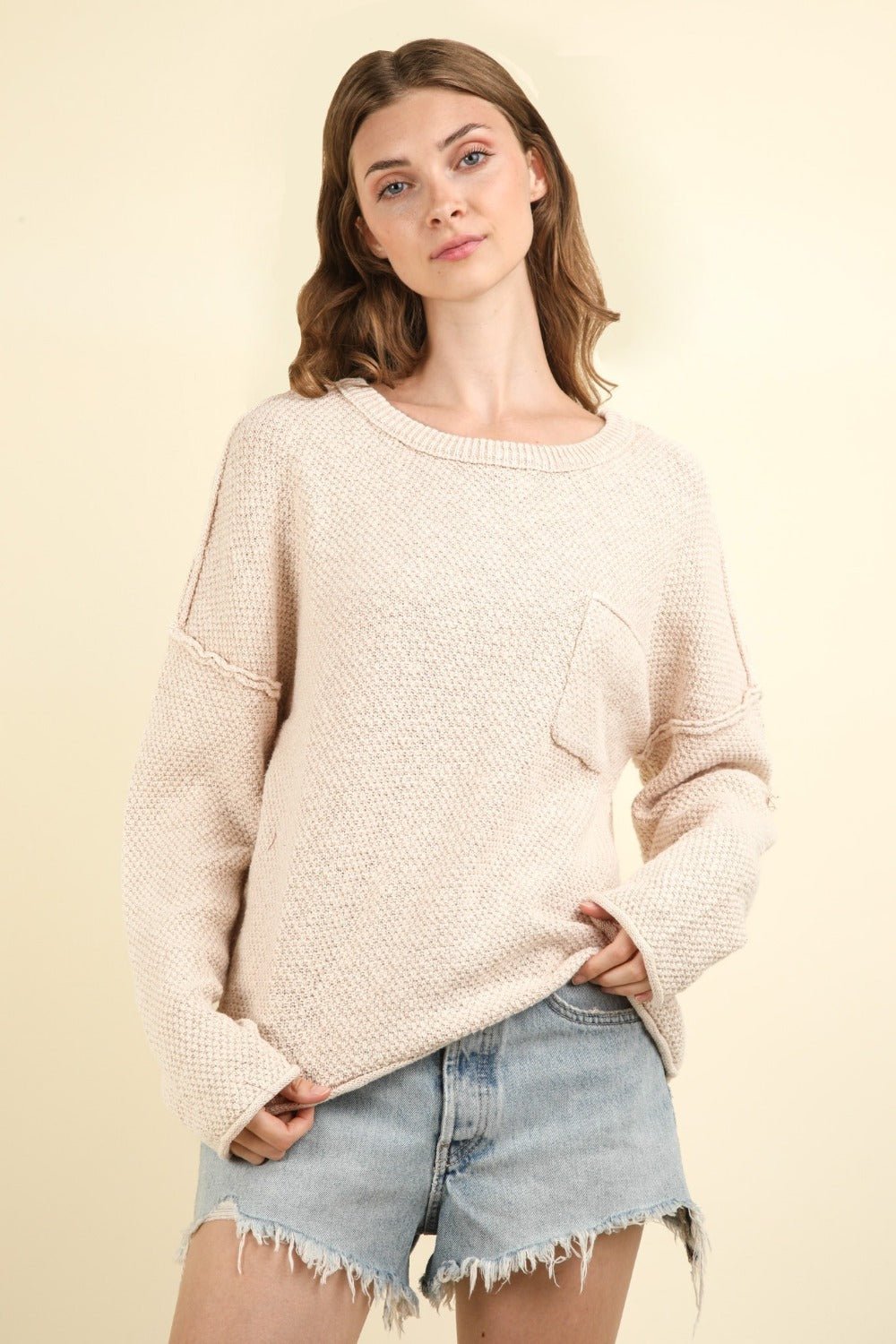 VERY J Mineral Washed Exposed Seam Sweater - Sweater - Beige - Bella Bourget