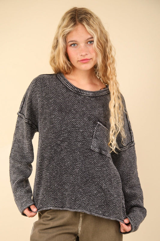 VERY J Mineral Washed Exposed Seam Sweater - Sweatshirt - Black - Bella Bourget