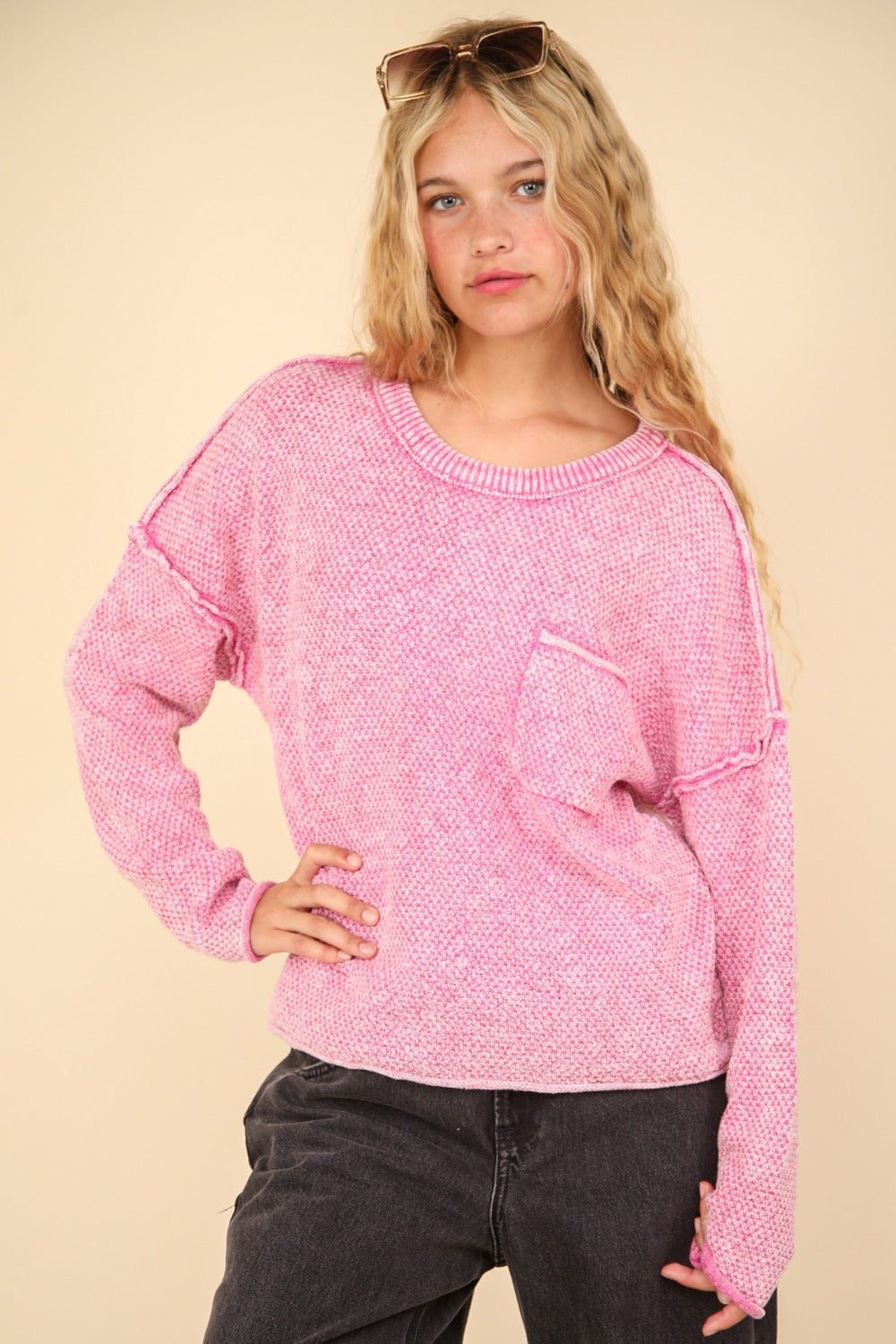 VERY J Mineral Washed Exposed Seam Sweater - Sweatshirt - Pink - Bella Bourget