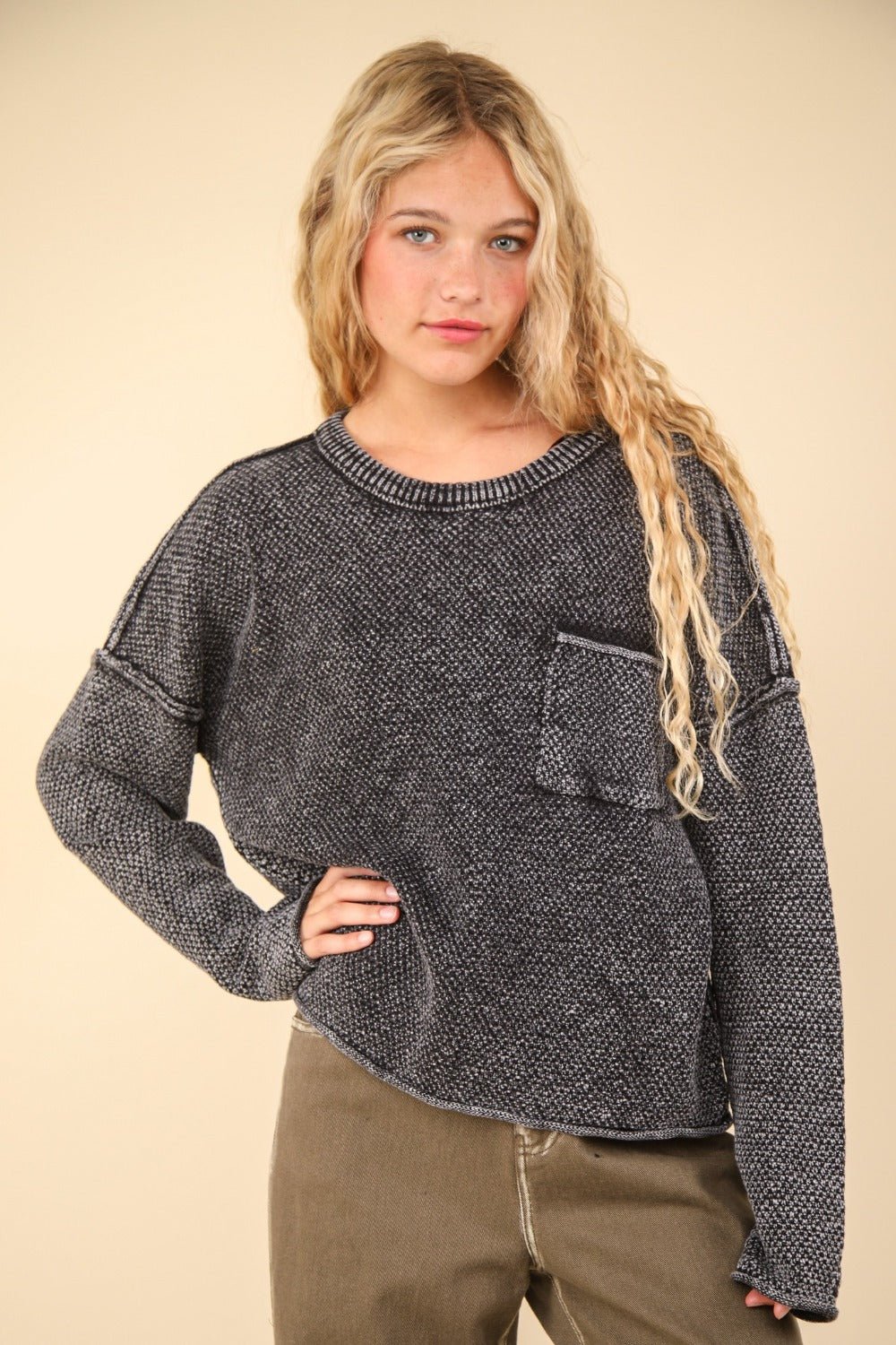 VERY J Mineral Washed Exposed Seam Sweater - Sweatshirt - Black - Bella Bourget