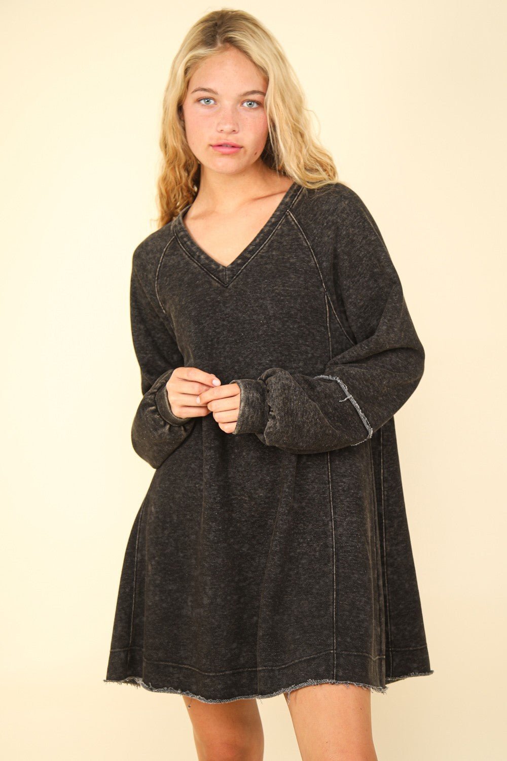 VERY J Mineral Washed Oversized A - Line Mini Dress - Sweatshirt dress - Black - Bella Bourget