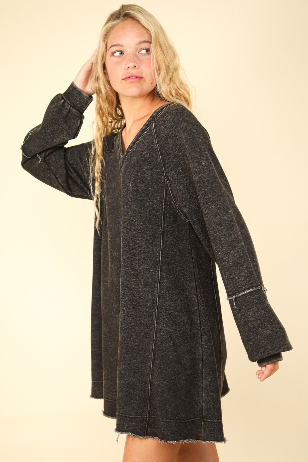 VERY J Mineral Washed Oversized A - Line Mini Dress - Sweatshirt dress - Black - Bella Bourget